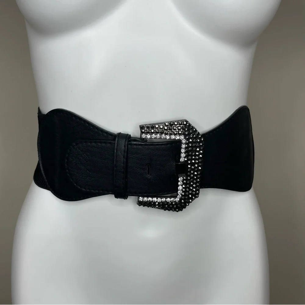 Wide Black Rhinestone Buckle Belt